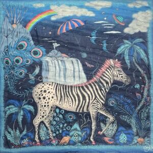 EMMA J. SHIPLEY "The Lost World" Zebra Fantasy Magic Blue Wool Square Scarf 50"